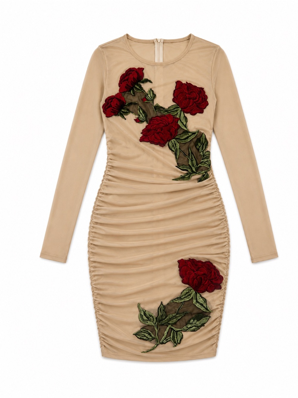 Embroidered Rose Ruched Long-Sleeve Body con Dress - Sheer Beige